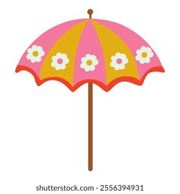 beach umbrella with alternating pink and yellow panels, decorated with white flowers, and a wooden pole, evoking a summery vibe.