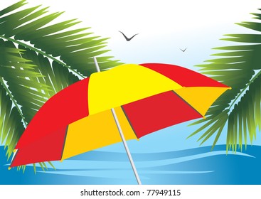 Beach umbrella among the branches of palm. Vector