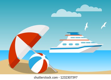 Beach umbrella with a beach ball against the backdrop of the sea landscape. Beach holiday concept. Vector illustration of a beach umbrella.