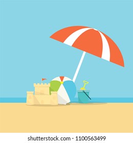 Beach umbrella, ball and a bucket with a shovel on sea background.