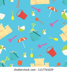 Beach umbrella, ball and a bucket with a shovel on sea background.
