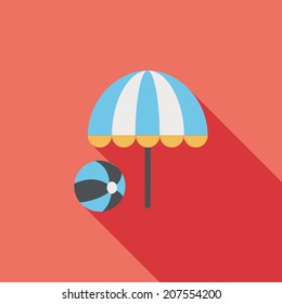 beach umbrella with ball flat icon with long shadow