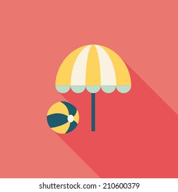 beach umbrella with ball flat icon with long shadow