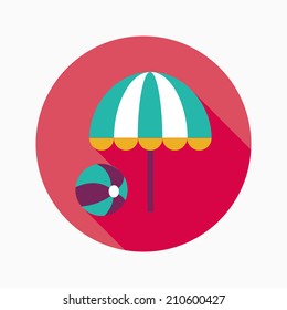 beach umbrella with ball flat icon with long shadow