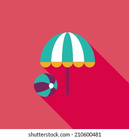 beach umbrella with ball flat icon with long shadow