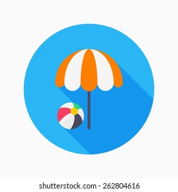 beach umbrella and beach ball flat icon with long shadow on blue circle background , vector illustration , eps10