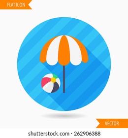 beach umbrella and beach ball flat icon with long shadow on blue circle background , vector illustration , eps10