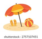 Beach umbrella, ball and flip flops on the sand. Summer illustration.
