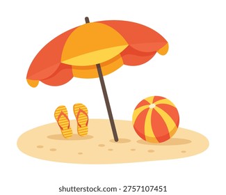 Beach umbrella, ball and flip flops on the sand. Summer illustration.