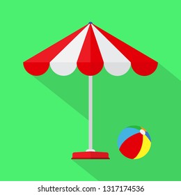 Beach umbrella with a beach ball. Beach holiday concept. Flat design, vector.