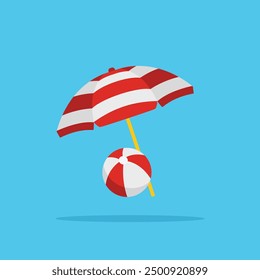 beach umbrella and ball in red and white. illustration of beach toys for vacation. suitable for poster and web icon use