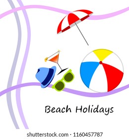 beach umbrella ball sunglasses cocktail hat beach holiday vector background