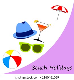 beach umbrella ball sunglasses cocktail hat beach holiday vector background