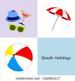 beach umbrella ball sunglasses cocktail hat beach holiday vector background
