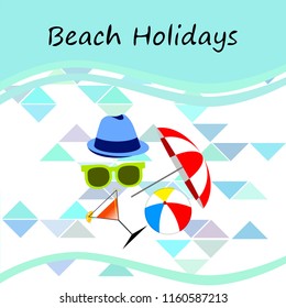 beach umbrella ball sunglasses cocktail hat beach holiday vector background