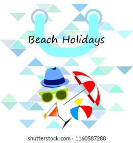 beach umbrella ball sunglasses cocktail hat beach holiday vector background