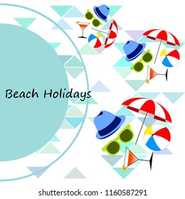 beach umbrella ball sunglasses cocktail hat beach holiday vector background
