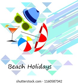 beach umbrella ball sunglasses cocktail hat beach holiday vector background