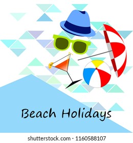 beach umbrella ball sunglasses cocktail hat beach holiday vector background