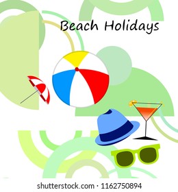 beach umbrella ball sunglasses cocktail hat beach holiday vector background