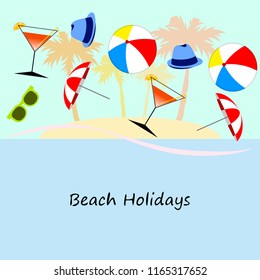 beach umbrella ball sunglasses cocktail hat beach holiday vector background