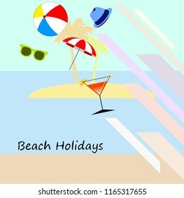beach umbrella ball sunglasses cocktail hat beach holiday vector background
