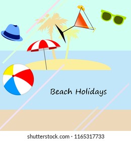 beach umbrella ball sunglasses cocktail hat beach holiday vector background
