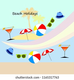 beach umbrella ball sunglasses cocktail hat beach holiday vector background