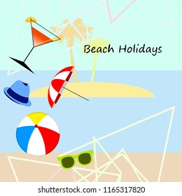 beach umbrella ball sunglasses cocktail hat beach holiday vector background
