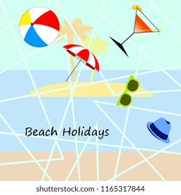 beach umbrella ball sunglasses cocktail hat beach holiday vector background