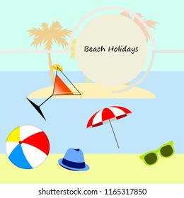 beach umbrella ball sunglasses cocktail hat beach holiday vector background