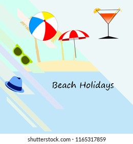 beach umbrella ball sunglasses cocktail hat beach holiday vector background
