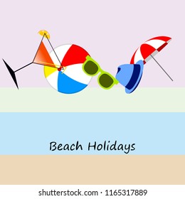 beach umbrella ball sunglasses cocktail hat beach holiday vector background