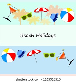 beach umbrella ball sunglasses cocktail hat beach holiday vector background