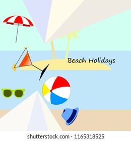 beach umbrella ball sunglasses cocktail hat beach holiday vector background