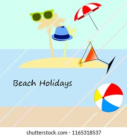 beach umbrella ball sunglasses cocktail hat beach holiday vector background