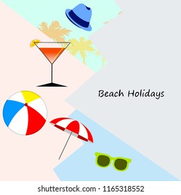 beach umbrella ball sunglasses cocktail hat beach holiday vector background
