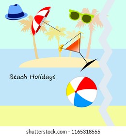 beach umbrella ball sunglasses cocktail hat beach holiday vector background