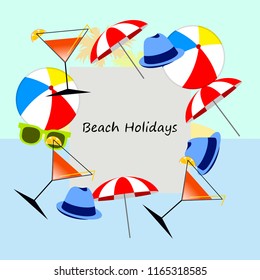 beach umbrella ball sunglasses cocktail hat beach holiday vector background