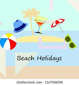 beach umbrella ball sunglasses cocktail hat beach holiday vector background