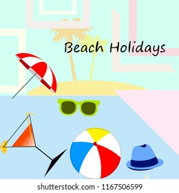 beach umbrella ball sunglasses cocktail hat beach holiday vector background