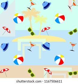 beach umbrella ball sunglasses cocktail hat beach holiday vector background