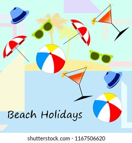 beach umbrella ball sunglasses cocktail hat beach holiday vector background