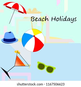 beach umbrella ball sunglasses cocktail hat beach holiday vector background