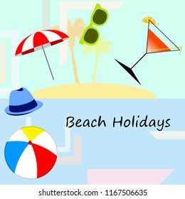 beach umbrella ball sunglasses cocktail hat beach holiday vector background