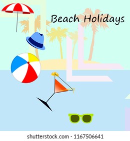 beach umbrella ball sunglasses cocktail hat beach holiday vector background