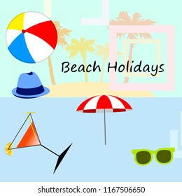 beach umbrella ball sunglasses cocktail hat beach holiday vector background
