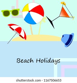 beach umbrella ball sunglasses cocktail hat beach holiday vector background