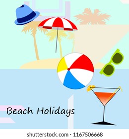 beach umbrella ball sunglasses cocktail hat beach holiday vector background