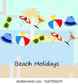 beach umbrella ball sunglasses cocktail hat beach holiday vector background